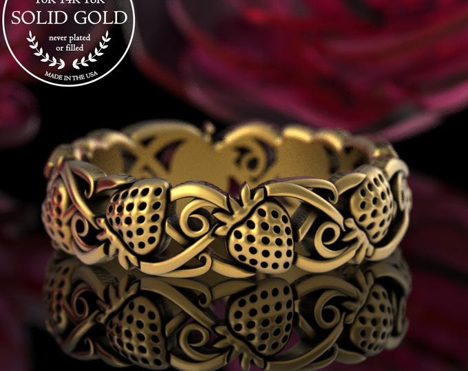 14K Gold Strawberry Picking Ring, Gold Berry Fruit Wedding Band, 18K Wild Strawberries Vegan Jewelry, Platinum Berry Gatherer Ring, 5701