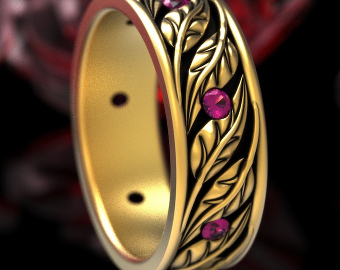 Ruby & 10K Gold Leaves Wedding Band, 14K 18K White Gold Nature Botanical Ring, 950 Platinum Rubies Leaf Pattern Wedding Ring, 1959