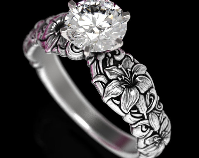 Lily Engagement Ring, Sterling Moissanite Ring, Art Nouveau Flower Engagement Ring, Moissanite Flower Ring, Silver Botanical Ring, 1866