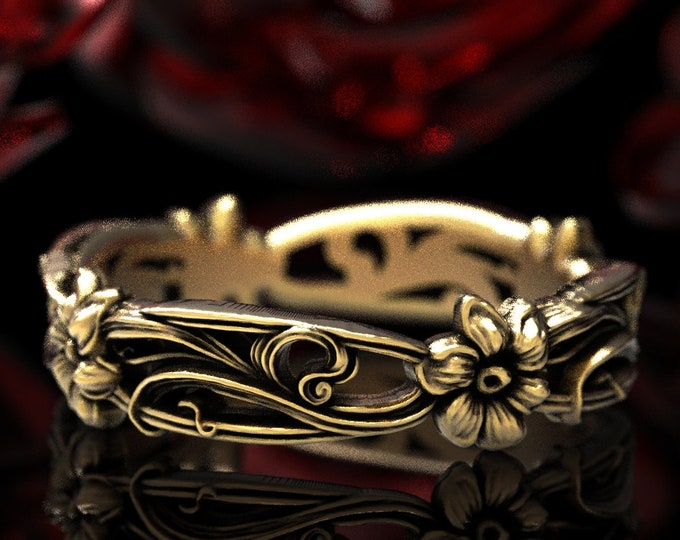 Gold Art Nouveau Flower Ring, 10K 14K 18K Gold Platinum, Art Nouveau Flower Wedding Band, Unique Flower Wedding Ring, Gold Daisy Ring, 5018