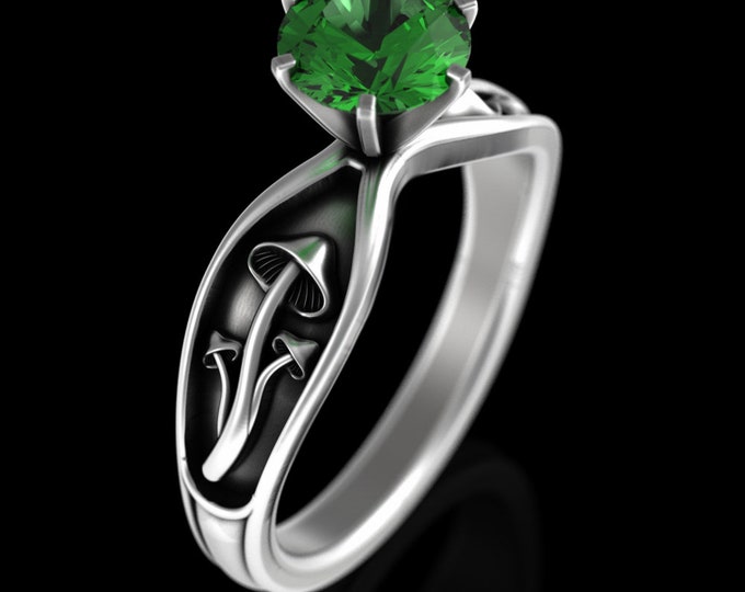 1 Carat Emerald Sterling Mushroom Solitaire Ring, Bridal Psychedelic Engagement Ring, Silver Botanical Woodland Ring, Womens Shroom, 5004