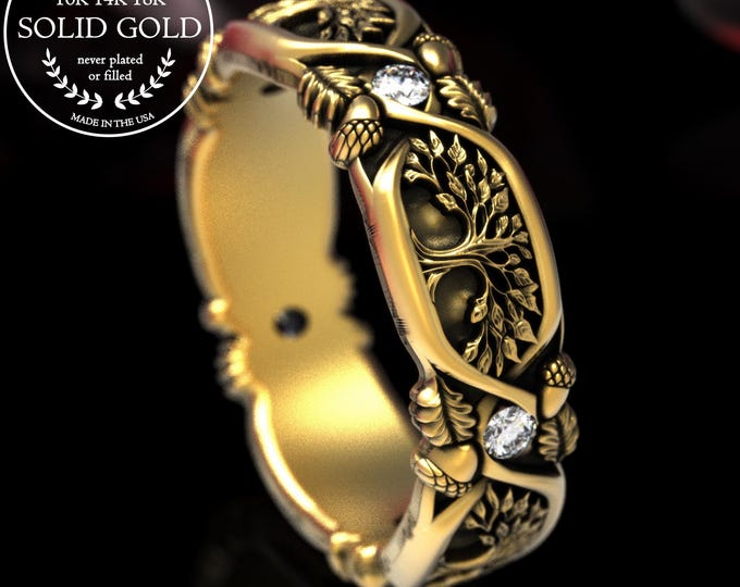 Gold Tree & Oak Seed Ring, Moissanite Acorn Wedding Band, Ladies White Gold Forestry Ring, 10K Oak Tree Ring, 14K Nature Leaves Ring, 2022