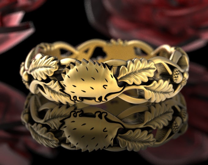 Gold Hedgehog Forest & Acorn Ring, 10K Oak Leaf Woodland Ring, 14K Womens Porcupine Wedding Band, 18K White Gold Nature Theme Jewelry, 5546