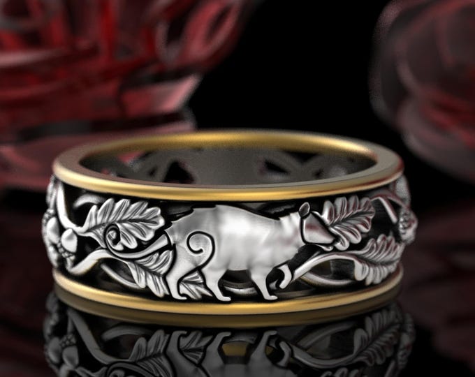 10K Gold & Sterling Opossum Ring, Virginia Possum Wedding Ring, Silver Gold American Possum Ring for Men, Groom's Forest Wedding Band, 5809