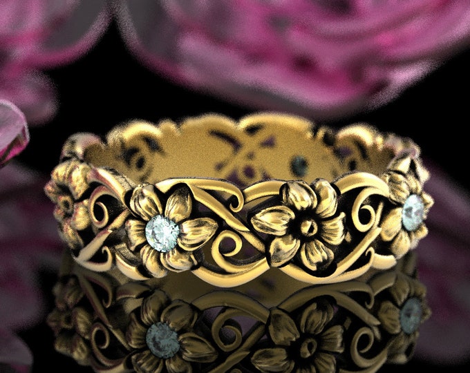 10K Moissanite Daisy Wedding Ring, 14K Gold Flower Ring, Diamond Daisy Wedding Band, Womans Floral Art Nouveau, White Gold Flower Ring, 4468