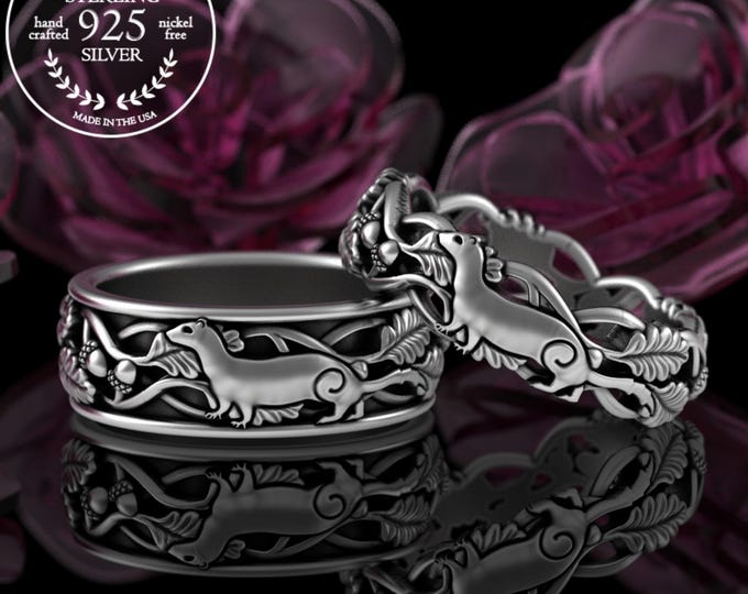 Sterling Matching Ferret Bride Groom Wedding Rings, 925 His Hers Spirit Animal Handfasting Rings, Forest Nature Wedding Band Set, 5520 5523