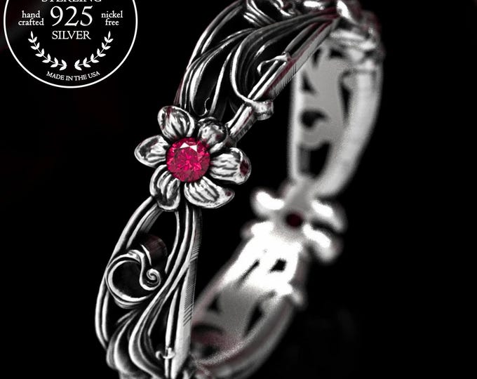 Sterling Art Nouveau Flower Ring, Art Nouveau Flower Wedding Band, Silver Ruby Flower Ring, Unique Flower Wedding Ring, Ruby Daisy Ring 5018