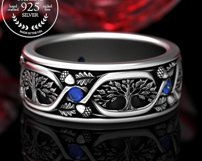 Groom's Acorn and Oak Leaf Ring, Sterling Sapphire Forest Tree Ring, Silver Men's Botanical Ruby Ring, Art Nouveau Tree with Emeralds, 2032