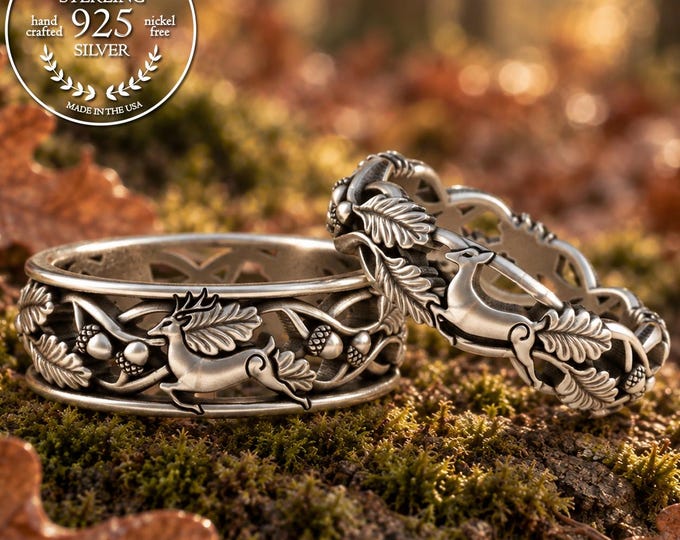 Matching Deer Bride Groom Wedding Bands, Sterling Doe & Buck His Hers Marriage Rings, Forest Theme Jewelry, Hunting Stag Antler, 5543 5511