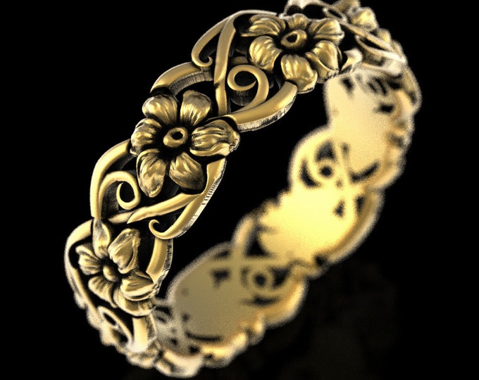 10K Daisy Wedding Ring, 14K Gold Art Nouveau Flower Ring, Yellow Daisy Wedding Band, Floral Wedding Band, White Gold Flower Ring, 4466