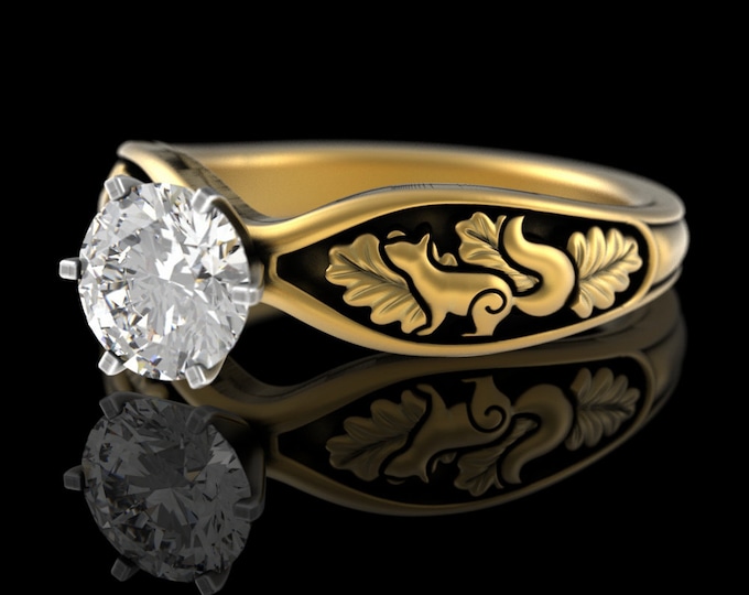 10K Gold Squirrel & Moissanite Engagement Ring, 14K Gold Forest Nature Solitaire Ring, Womens White Gold Diamond Woodland Wedding Ring, 5003