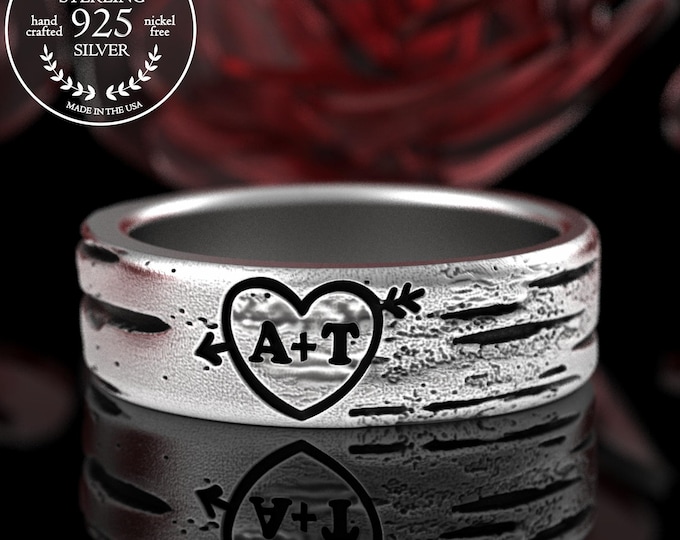 Carved Lovers Initials in Tree Bark Ring, Sterling Birch Tree Wedding Band, Silver Botanical Forest Ring, Nature Commitment Ceremony, 5219