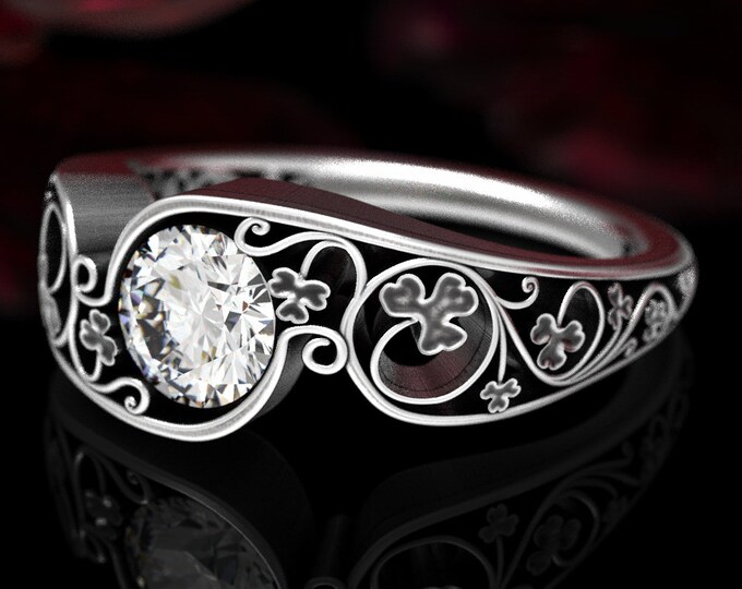 Moissanite Clover Engagement Ring, Silver Art Nouveau Wedding Ring, Sterling Silver Clover Ring, Spiral Clover Leaf Engagement Band, 1547