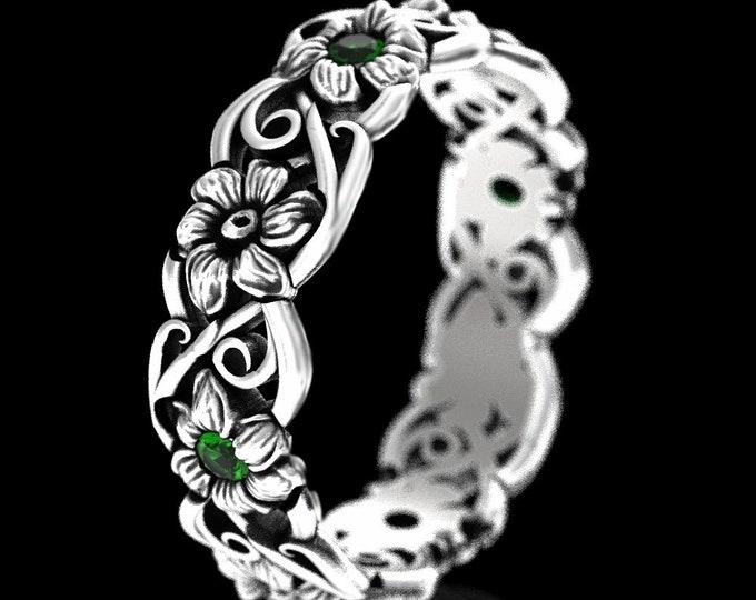 Emerald Flower Ring, Sterling Daisy Flower Wedding Band, Art Nouveau Floral Ring, Silver Swirl Ring, Emerald Art Nouveau Ring, 4468