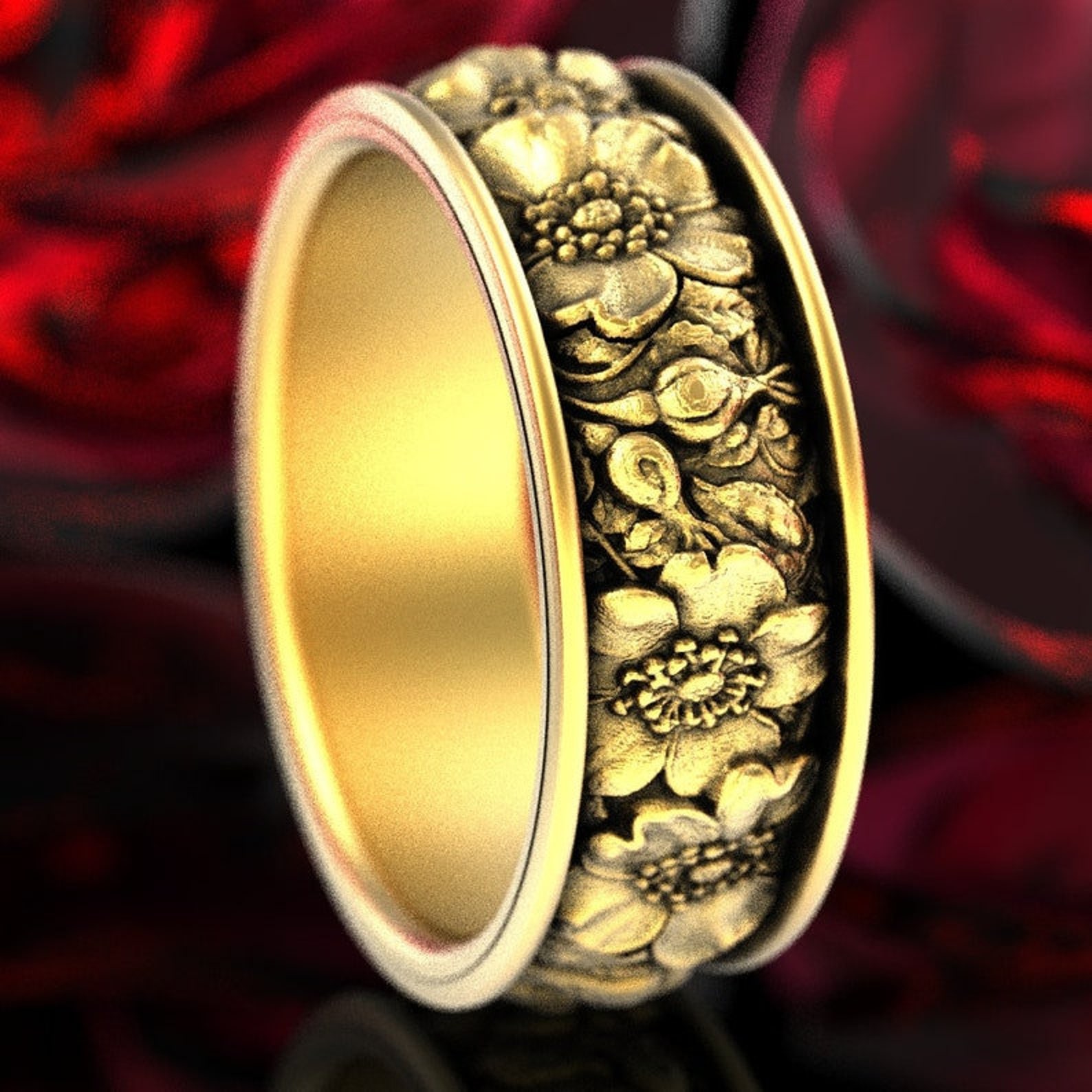 Gold Flower Wedding Ring Floral Ring Rose Wedding Band Gold Etsy