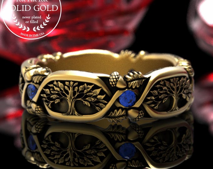 Sapphire & Gold Forest Wedding Ring, Women's 14K White Gold Tree of Life Ring, 10K Gold Nature Handfasting Ring, 10K Oak Tree Ring, 2022