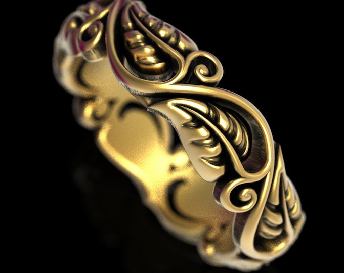Art Nouveau Leaf Ring, Gold or White Gold Leaf Ring, Nature Wedding Ring, Floral Wedding Band, Vintage Leaf Ring, Woman Wedding Ring, 1625