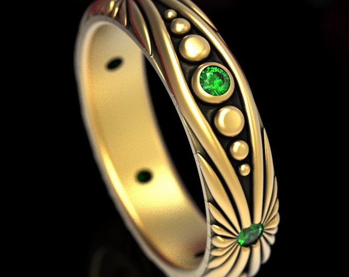 Sun Ray Ring, Gold & Emerald Wedding Band, Gold Sun Ring, Gold Art Nouveau Wedding Ring, Emerald Wedding Ring, Gold Art Ring, 1537