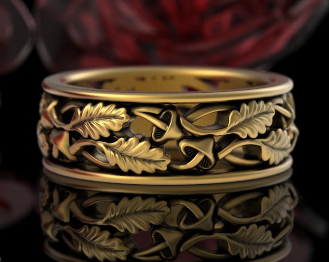 Mens Style Gold Mushroom Nature Ring, 10K Groom Botanical Wedding Band, 14K Gold Pagan Handfasting, Plant Medicine Psychedelic Ring, 5302