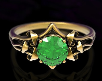 Emerald & Gold Engagement Ring, Mushroom Wedding Ring, Mushroom Engagement Ring, Gold Botanical Wedding Ring, Magic Engagement Ring, 7003