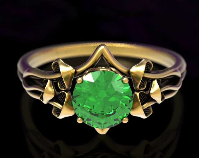 Emerald & Gold Engagement Ring, Mushroom Wedding Ring, Mushroom Engagement Ring, Gold Botanical Wedding Ring, Magic Engagement Ring, 7003