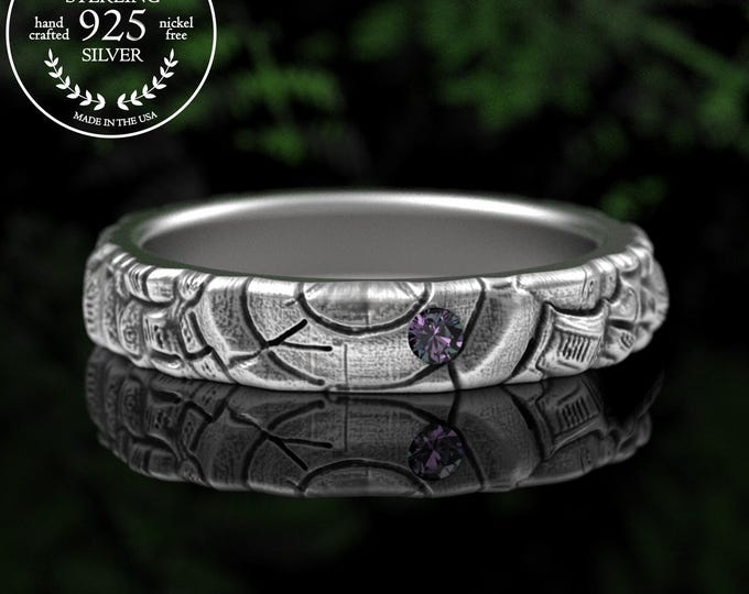 Sterling Elm Tree Texture Wedding Band, Alexandrite Forest Tree Bark Ring, Woman's Silver Botanical Ring, 5216