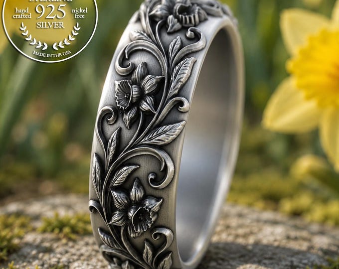 Sterling Daffodil Wedding Band, Silver Art Nouveau Flower Ring, Woman's Botanical Wedding Ring, 5227