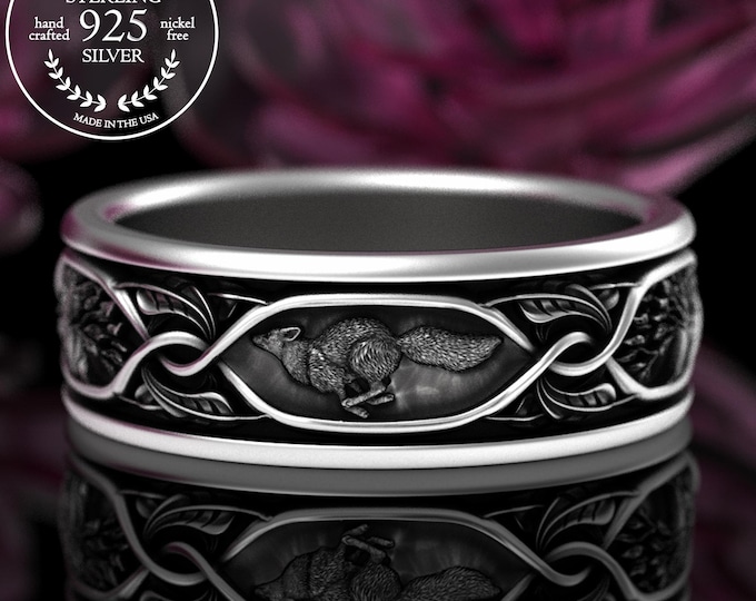 Sterling Groom's Running Fox Wedding Band, Silver Forest Grove Marriage Ring, Men's Botanical Proposal Ring, Nature Inspired Jewelry, 5926