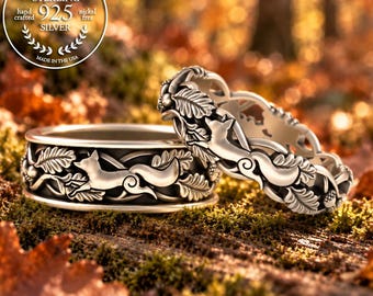 His Hers Fox Wedding Ring Set, Sterling Forest Matching Rings, Bride Groom Foxes Wedding Bands, Woodland Nature Inspired Rings, 5541 5549