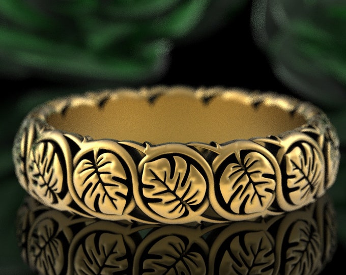 Monstera Wedding Ring, Gold Monstera Ring, Nature Wedding Band, Nature Inspired Ring, White Gold Womens Wedding Band, Botanical Ring, 3007