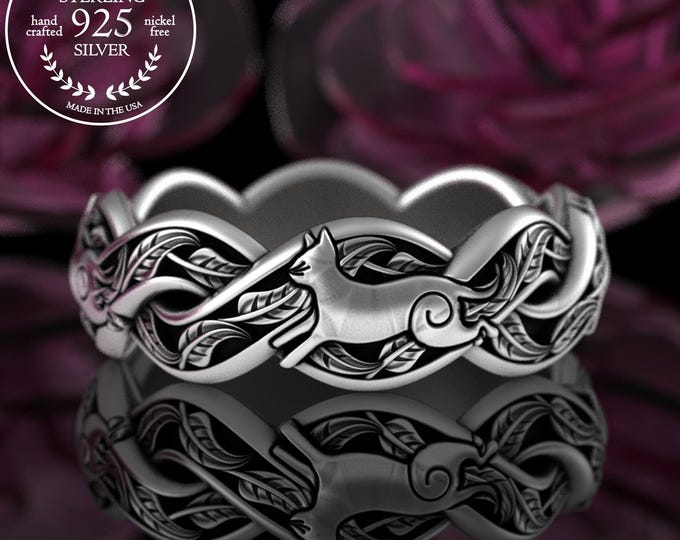 Sterling Cats Running Through Leaves Ring, Silver Playing Kittens Ring, Womens Kitty Cat Ring, 925 Feline Botanical Wedding Ring, 5047
