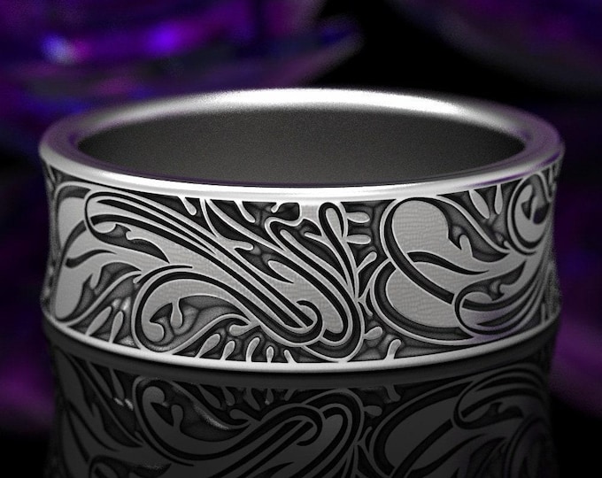 Art Nouveau Ring, Sterling Silver Wedding Band, Vintage Art Nouveau, Engraved Wedding Ring, Floral Ring, Flourish Ring, Ornate Ring, 1610