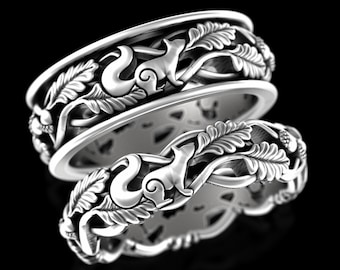 Matching Squirrel Forest Wedding Rings, Sterling His Hers Woodland Wedding Band Set, Silver Nature Ring Set, Oak Leaf Ring Set, 5540 5547