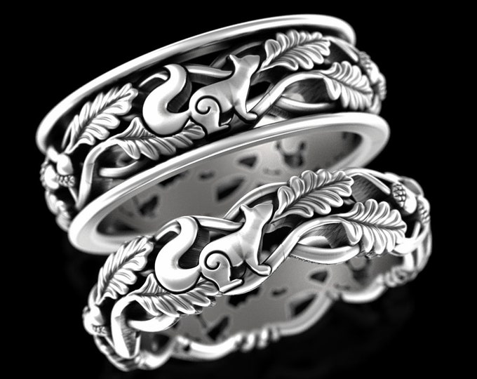 Matching Squirrel Forest Wedding Rings, Sterling His Hers Woodland Wedding Band Set, Silver Nature Ring Set, Oak Leaf Ring Set, 5540 5547