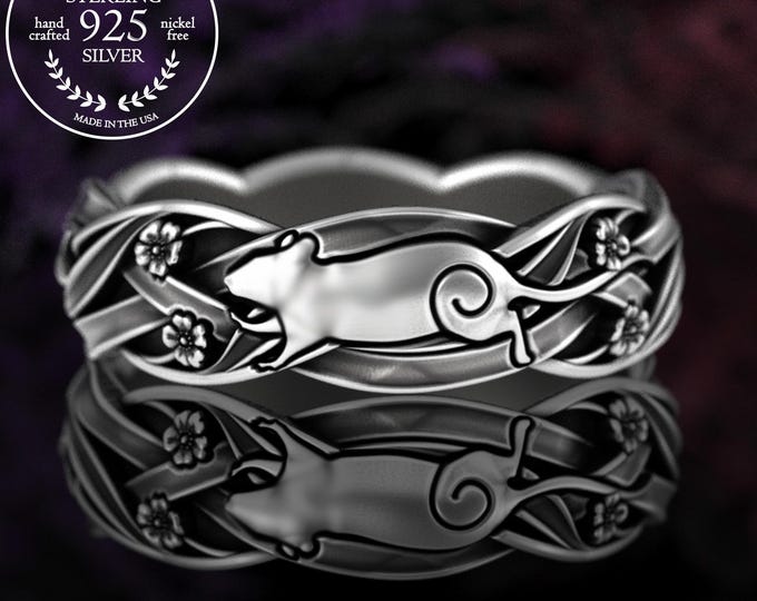 Sterling Rat & Flowers Ring, Silver Rodent Ring, Floral Mouse Ring, Meadow Blossoms Wedding Band, Fancy Rat Ring, Gerbil Tail Ring, 5108