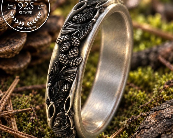 Delicate Forest Wedding Band for Woman, Sterling Conifer Tree Ring, Pinecone Statement Ring, Silver Pine Needle Nature Inspired Jewelry,2059