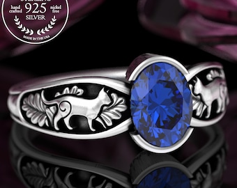 Sapphire Kittens & Oak Leaves Engagement, Sterling Oval Bezel Marriage Ring, Silver Kitty Cats Nature Wedding Ring, Cat Spirit Animal, 5058