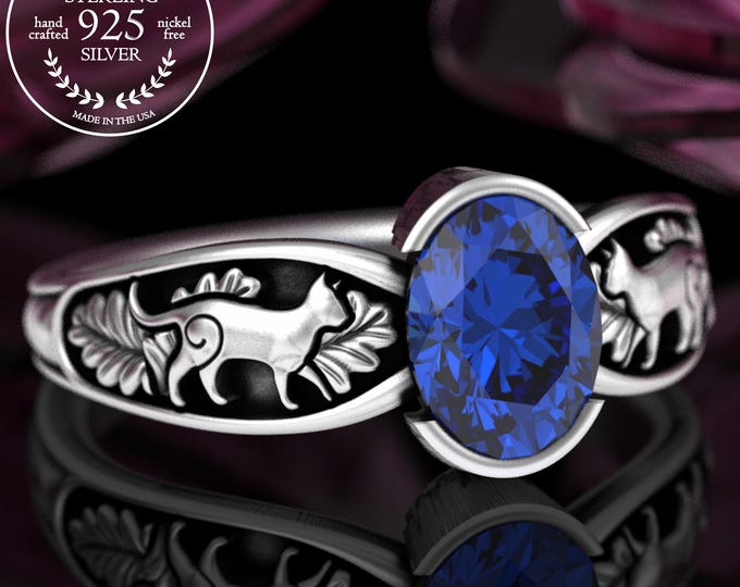 Sapphire Kittens & Oak Leaves Engagement, Sterling Oval Bezel Marriage Ring, Silver Kitty Cats Nature Wedding Ring, Cat Spirit Animal, 5058