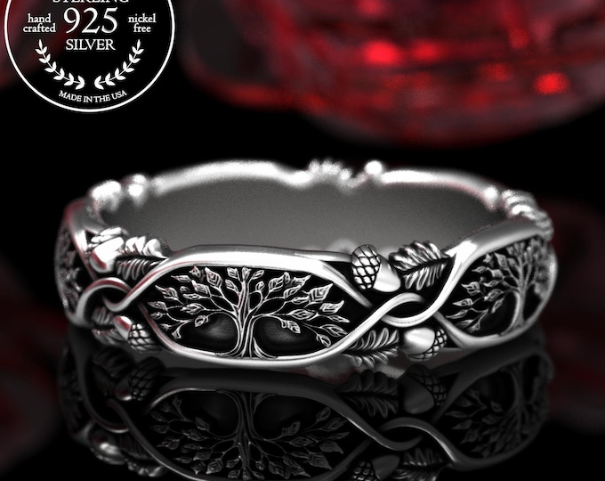 Sterling Intricate Trees & Acorn Ring, Silver Woman Botanical Forest Wedding Band, Acorn Oak Tree Ring, Art Nouveau Tree of Life Ring, 2020