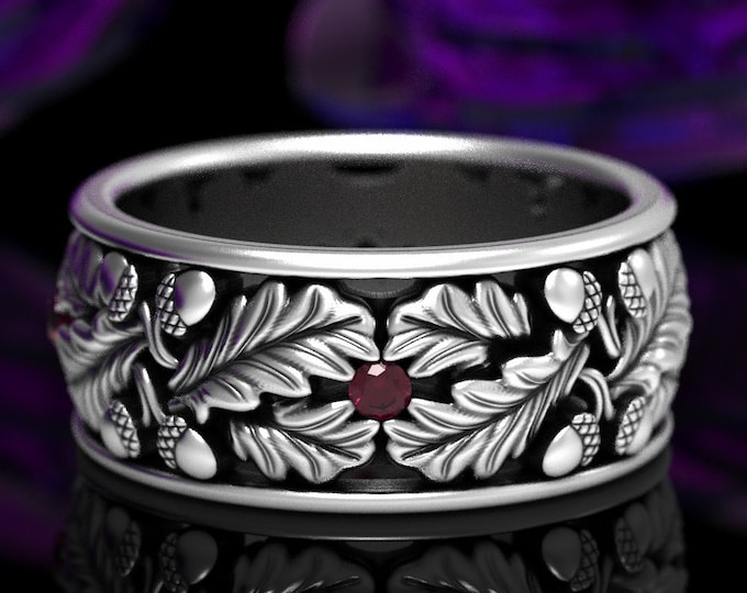 Mens Ruby Ring, Sterling Silver Mens Ring, Nature Wedding Band, Silver Leaf Ring, Sterling Nature Ring, Oak Leaf Ring, Magical Ring, 1611