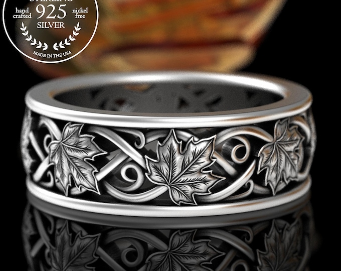 Men's Sterling Maple Leaf Wedding Band, Silver Forest Leaves Groom Ring, 5712
