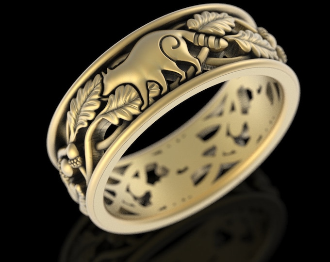 Mens 10K 14K Gold Raccoon Ring, White Gold Forest Animal Ring, Woodlands Platinum Band, 18K Oak Tree Spirit Animal Wedding Ring, 5534