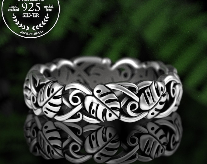 Sterling Silver Monstera Leaf Wedding Band, Woman's Tropical Jungle Ring, Rainforest Botanical Ring, Plant Lover Jewelry, 5564