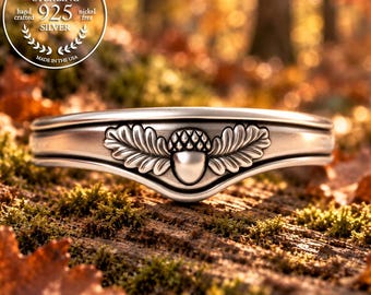 Stacking Acorn & Oak Leaves Crest for Engagement Ring, Sterling Silver Forest Nature Fitted Band, 925 Pagan Forest Stacker Ring, 5015