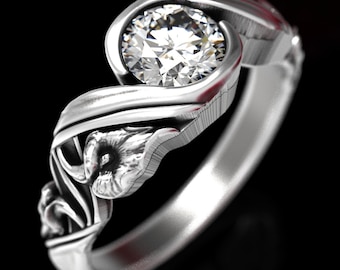 Moissanite Floral Calla Lily Engagement Ring, Art Nouveau Calla Lily Ring, Moissanite Wedding Ring, Floral Lily Ring, Nature Ring, 1525