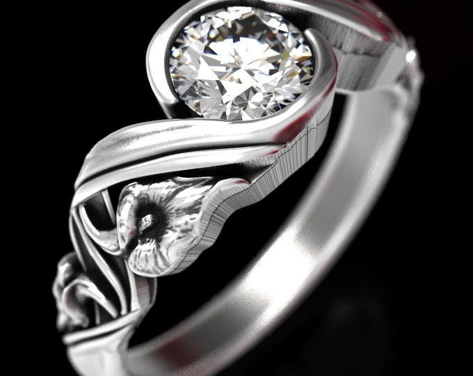 Moissanite Floral Calla Lily Engagement Ring, Art Nouveau Calla Lily Ring, Moissanite Wedding Ring, Floral Lily Ring, Nature Ring, 1525