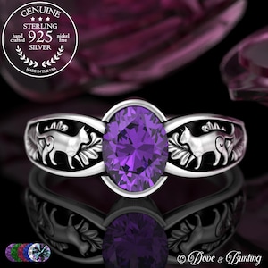 Kitty Cat Amethyst Oval Ring, Sterling Cats Statement Ring, Kitten & Oak Leaves Engagement, Silver Bezel Wedding Ring, Life Partner, 5058