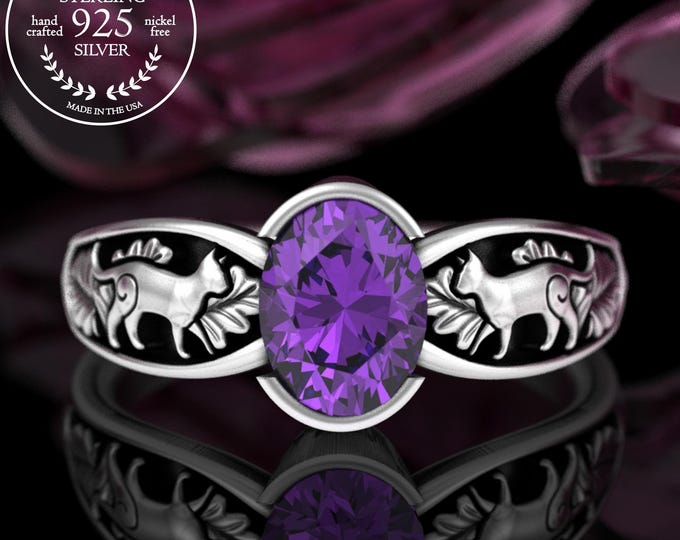 Kitty Cat Amethyst Oval Ring, Sterling Cats Statement Ring, Kitten & Oak Leaves Engagement, Silver Bezel Wedding Ring, Life Partner, 5058