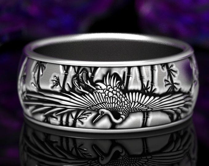 Sterling Silver Crane Ring, Art Nouveau Bird Ring, Silver Art Nouveau Ring, Silver Crane Ring, Silver Heron Ring, Sterling Bird Ring, 1629