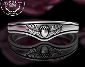 Stacking Acorn & Oak Leaves Crest for Engagement Ring, Sterling Silver Forest Nature Fitted Band, 925 Pagan Forest Stacker Ring, 5015